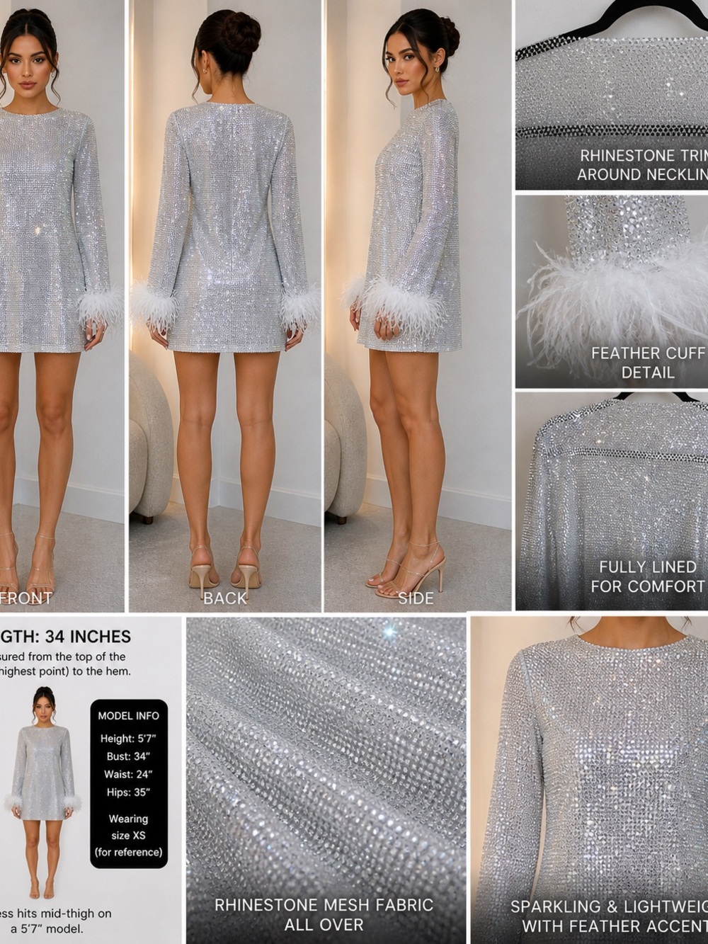 Silver Rhinestone Mesh Mini Dress with Feather Cuffs